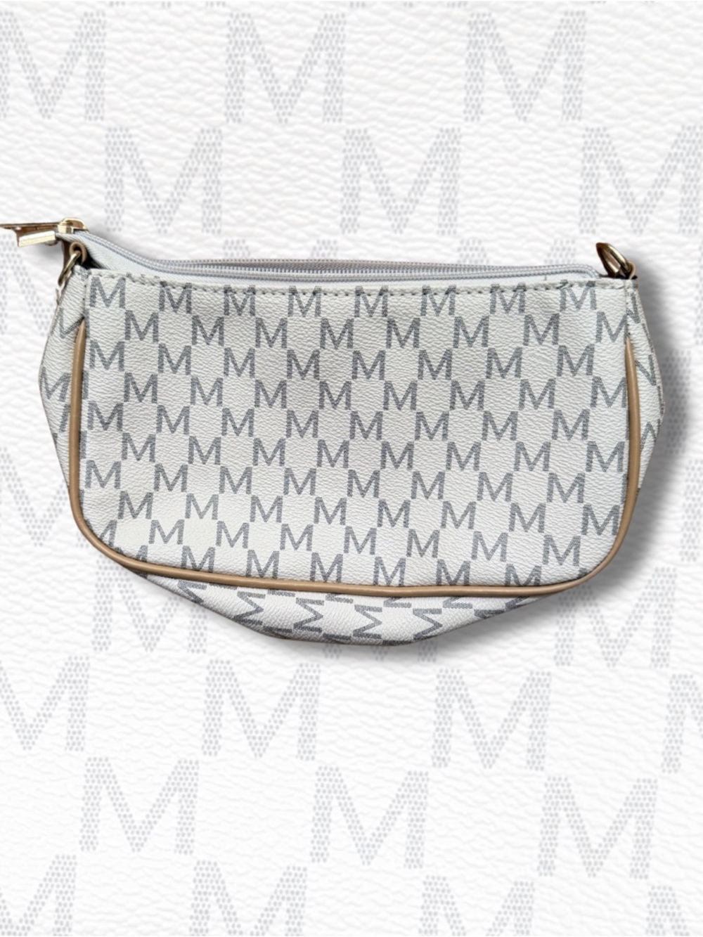 Monogram M Mini cosmetic Bag in Light Gray/White with Tan Trim